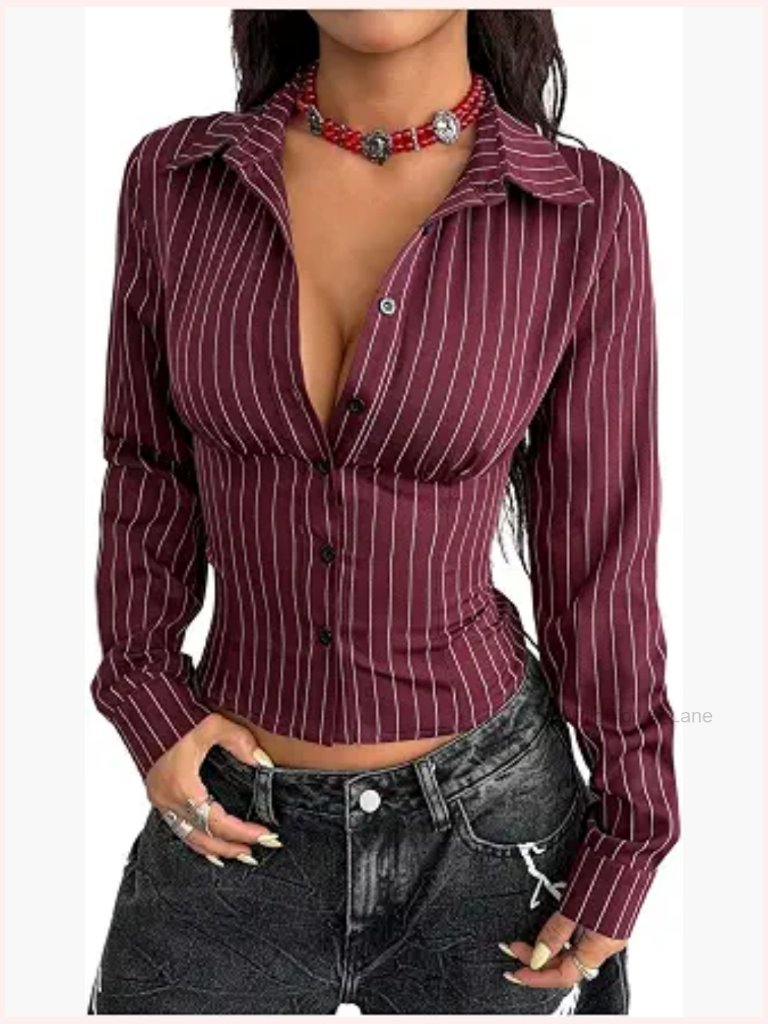 Women's Pinstripe Button Down Shirt With Cinched Waist, Long Sleeve Business Top